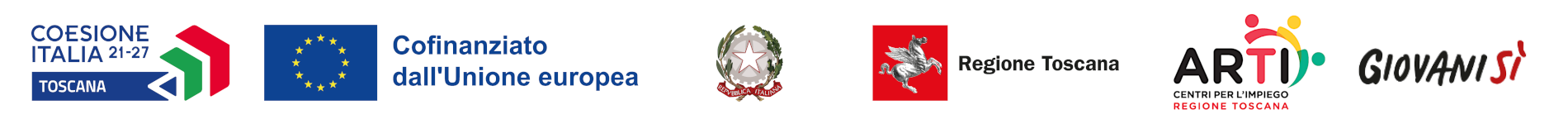 Loghi Coesione Italia 21-27 Toscana, Cofinanziato dall'Unione Europea, Repubblica Italiana, Regione Toscana, ARTI Centri per l'Impiego Regione Toscana, Giovanisì